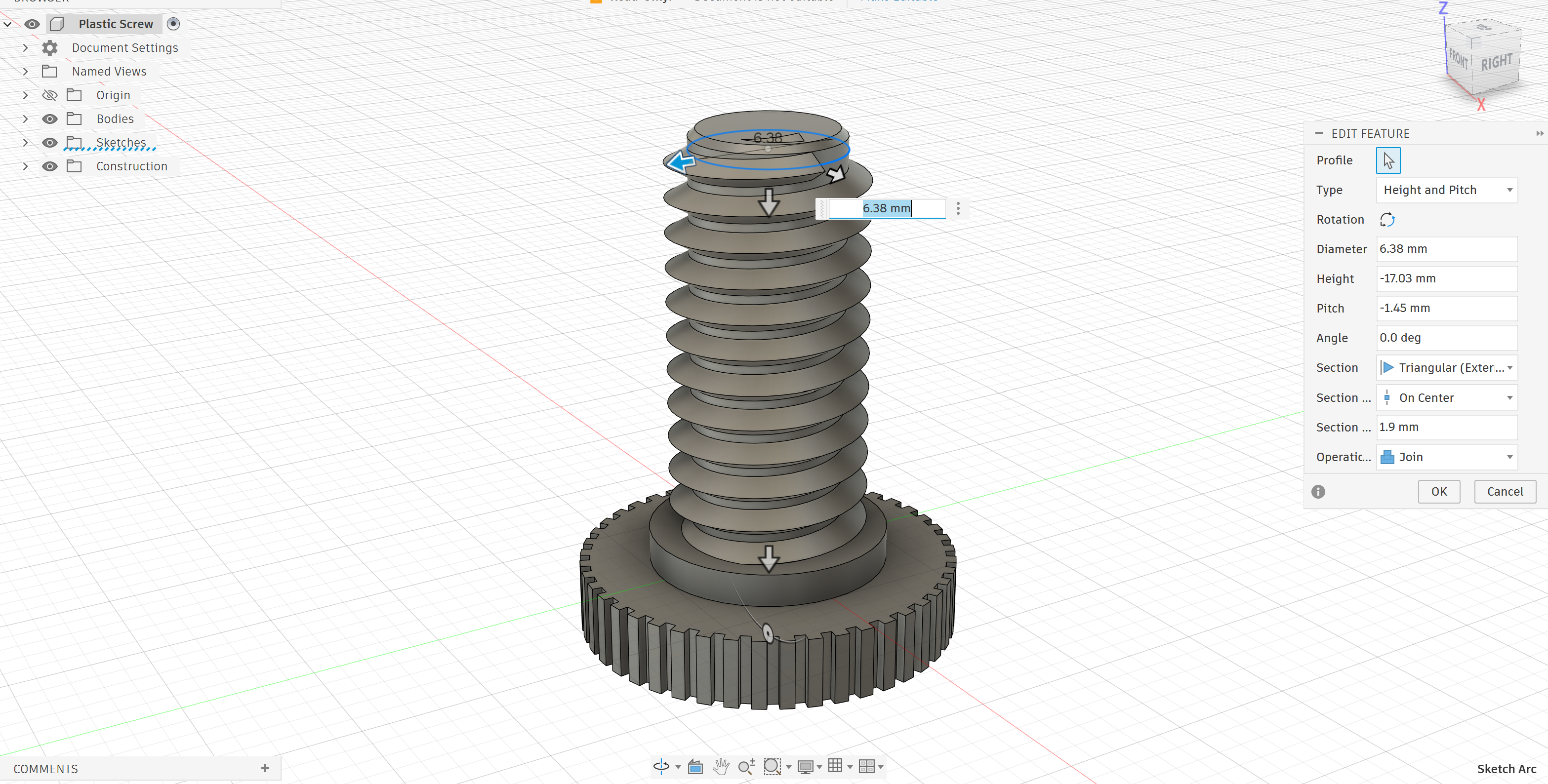 Custom threaded screw being modelled in Autodesk Fusion