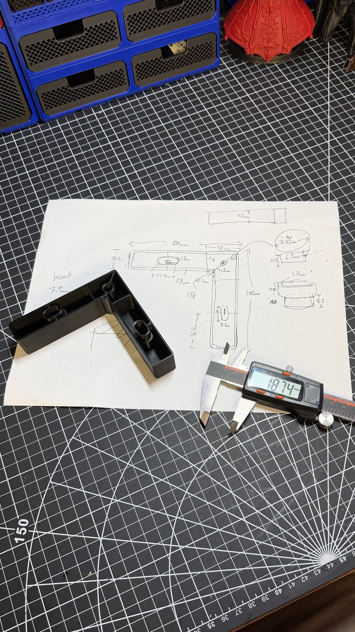 Printed patio chair foot beside hand measurements and digital calipers