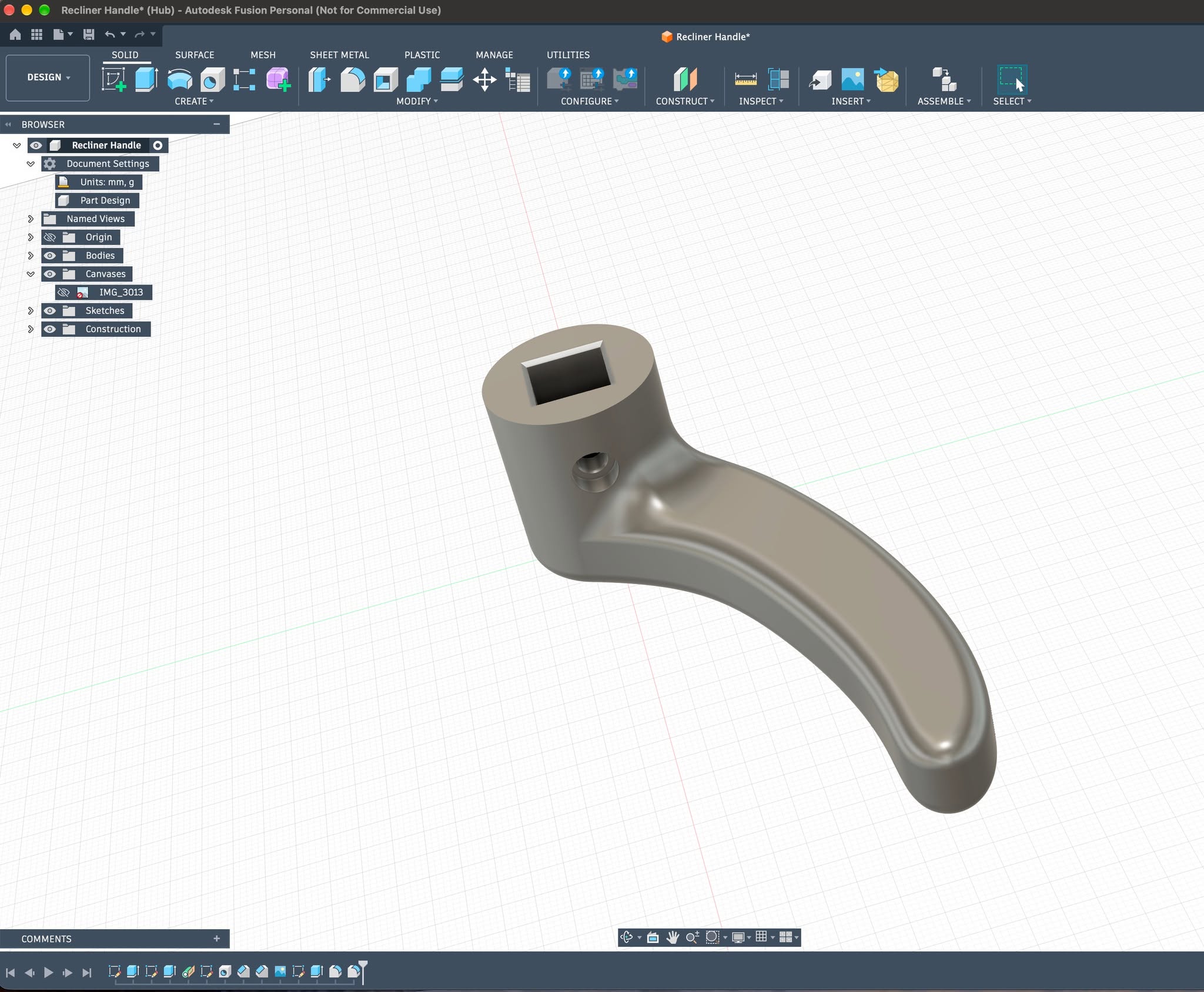 Recliner handle model designed in Autodesk Fusion