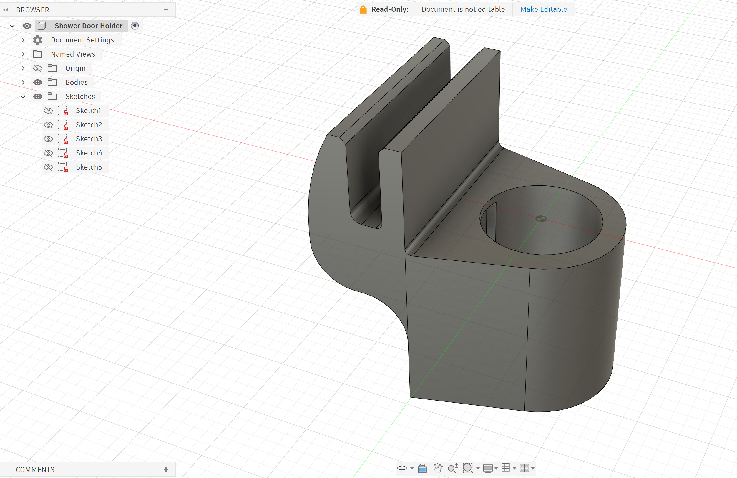 Shower door bracket model shown in Autodesk Fusion