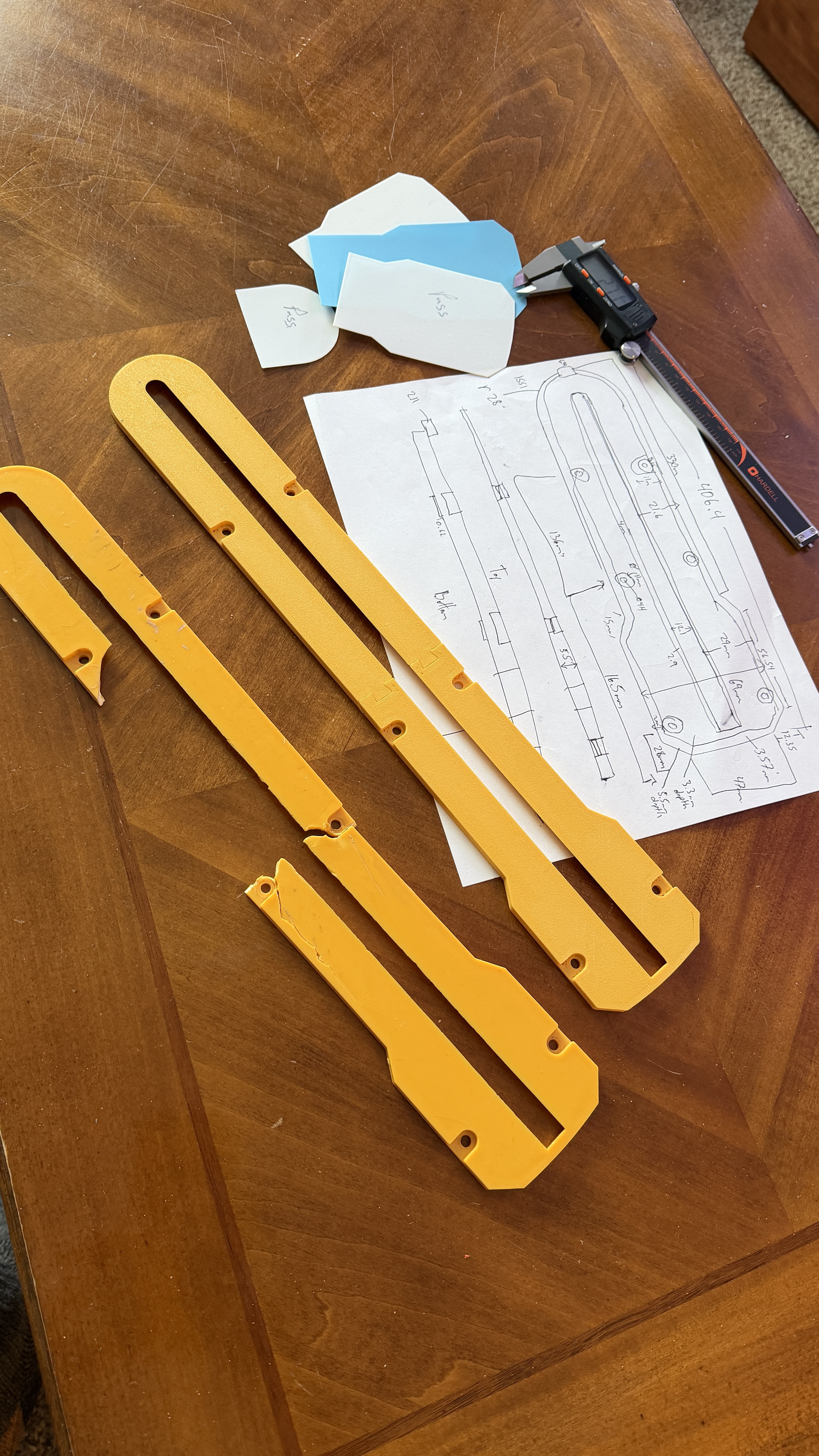Original broken table saw throat plate, templates, measurements, and replacement print